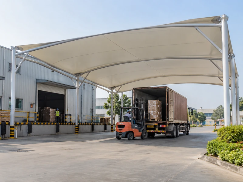 Freestanding membrane canopy over a factory loading yard with a forklift loading a truck
