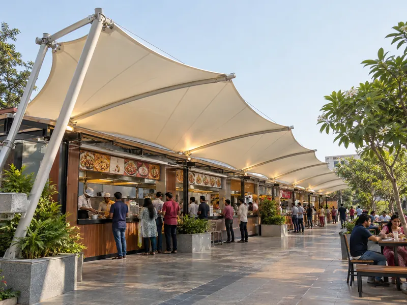 Linear tensile canopy along a row of food stalls with customers ordering at the counters