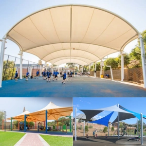 Playground tensile structures providing sun protection for outdoor play areas
