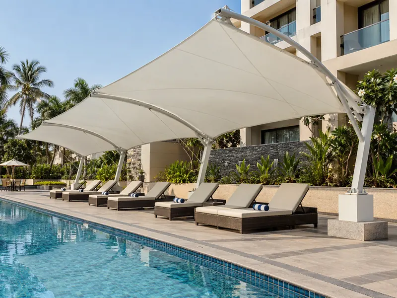 Fabric canopy beside a swimming pool