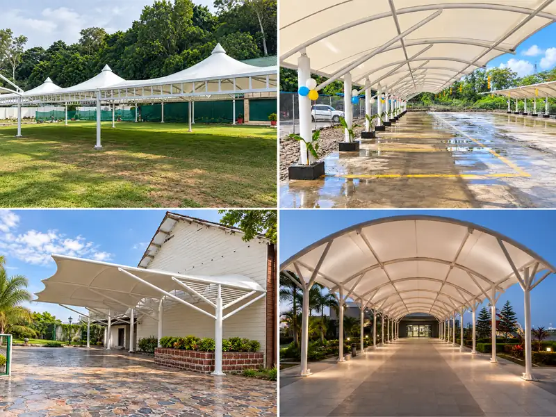 Conical lawn canopy, parking shades, cantilever canopy and illuminated arched entrance walkway