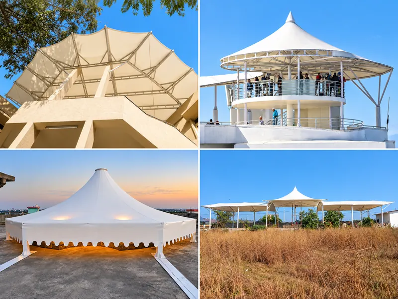 Rooftop tensile cover, conical viewing pavilion, illuminated cone canopy and linked shade structures
