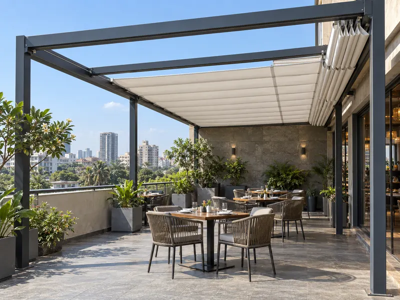 Partially open folding fabric roof on guide rails above restaurant terrace seating