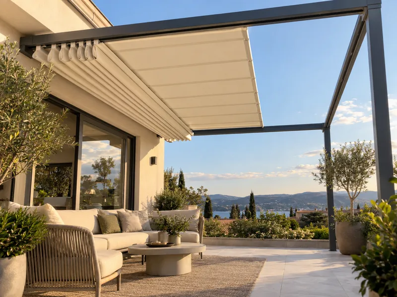 Retractable fabric canopy above a residential patio with fabric gathered along the frame