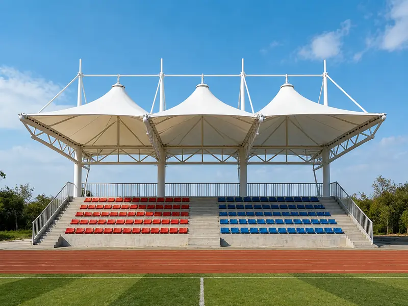 Stadium tensile roof structure with modern fabric canopy system