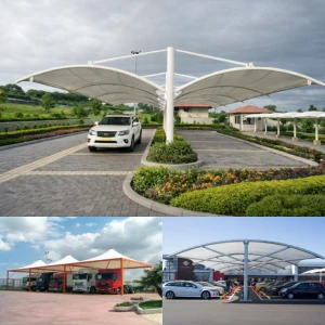 Vehicle parking shed structures for cars, buses, and commercial vehicles