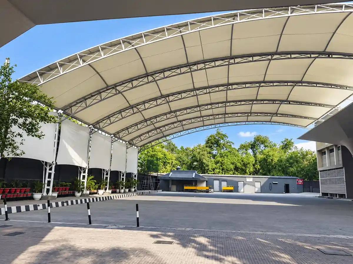 Tensile roof over the assembly area at Arwachin Bharti Bhawan Sr. Sec. School, Delhi by ShadeCo India