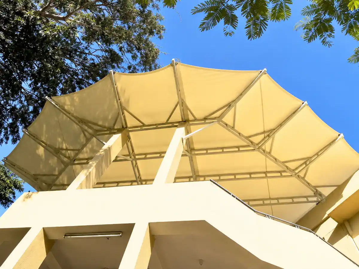 Twin peaked canopy over the entrance to Delhi Public School in Agra