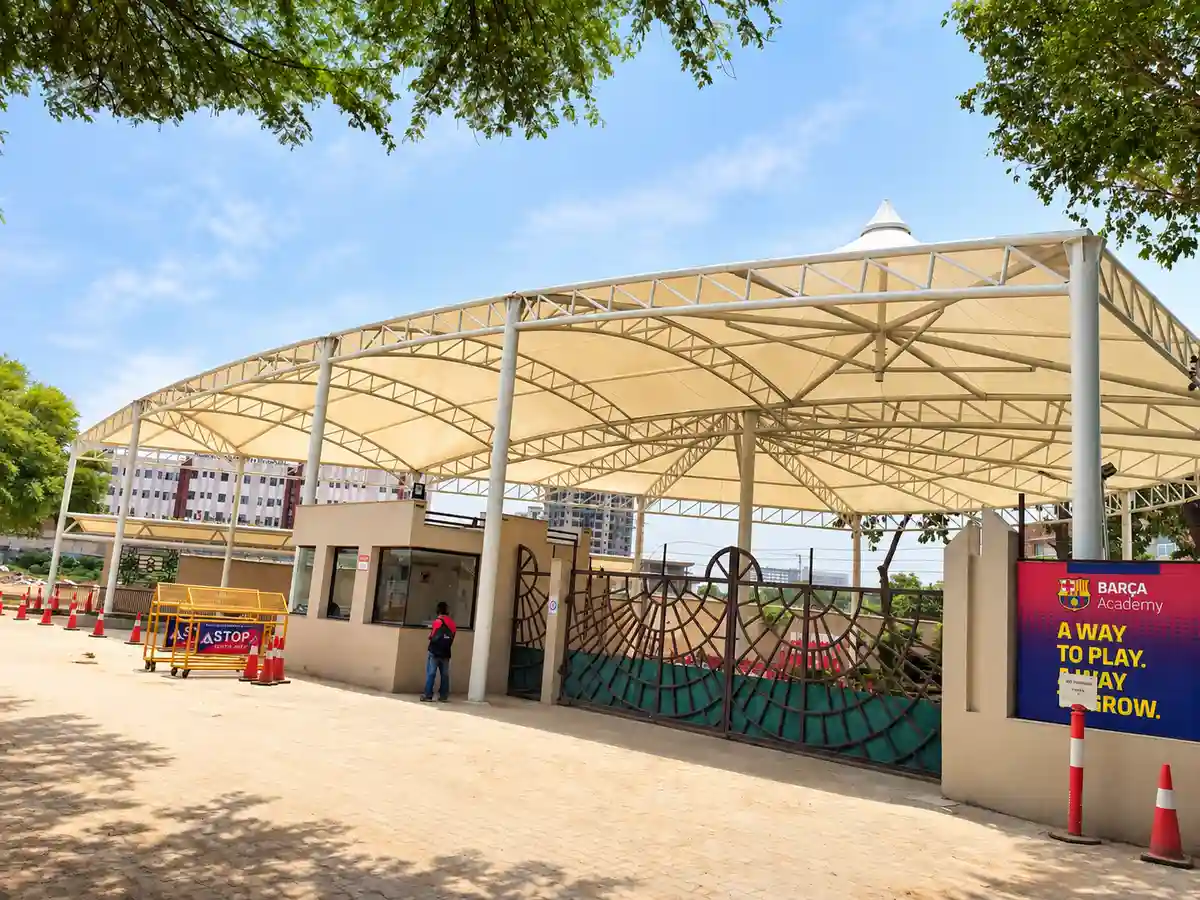 Barrel vault tensile entrance canopy at Heritage Public School, Sector 57, Gurugram