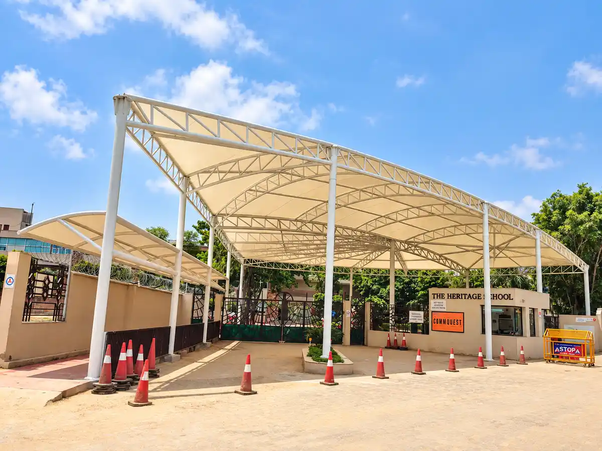 Front view of the school gate canopy with its joined cone at Heritage Public School, Gurugram