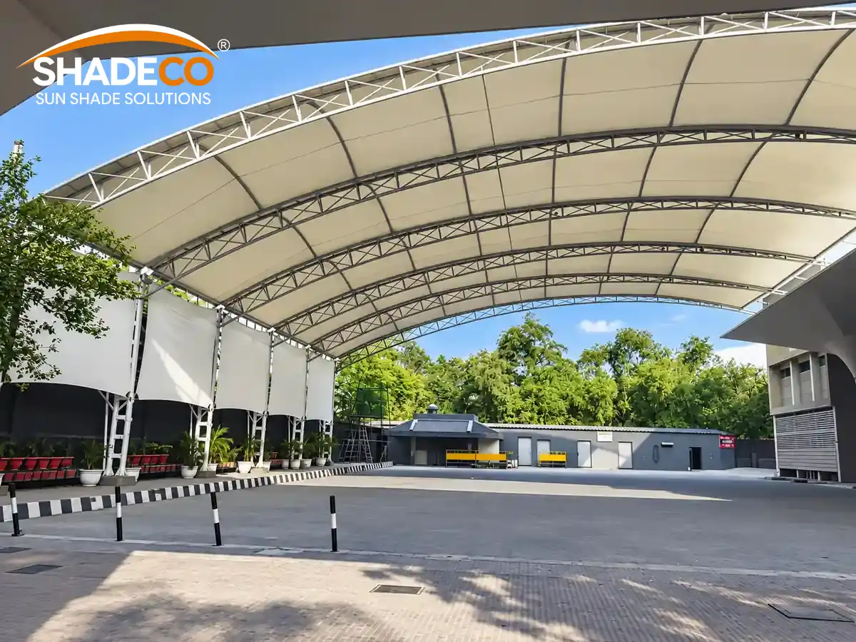 Tensile roof over the assembly area at Arwachin Bharti Bhawan Sr. Sec. School, Delhi by ShadeCo India
