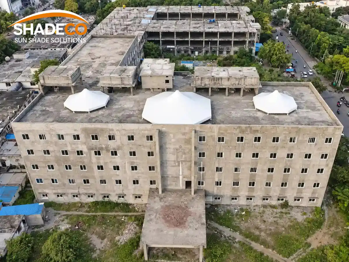 Tensile atrium roofs at KBN Hospital, Gulbarga by ShadeCo India