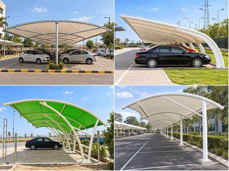 Tensile car parking canopy with aligned bays