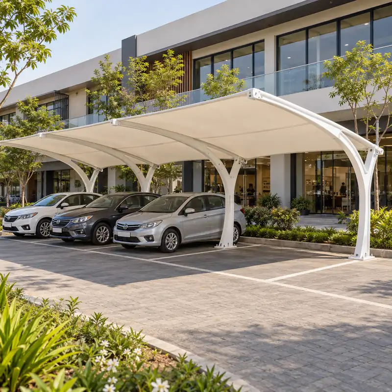 White tensile canopy shading car parking bays outside a commercial building