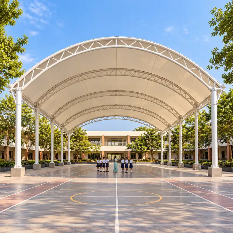 Front view of a white tensile canopy covering a school assembly and outdoor learning courtyard