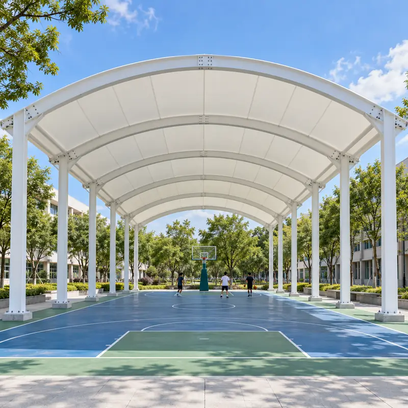 White tensile roof with clean curved steel frames over an open-sided basketball court