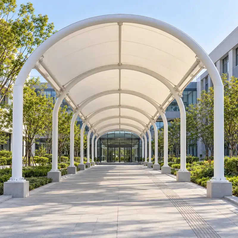 White curved-frame tensile canopy covering a pedestrian walkway between campus buildings