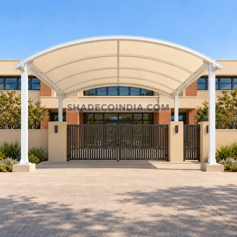Architectural concept of a barrel-vault fabric canopy over a school entrance