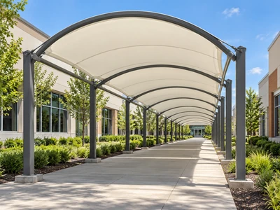Architectural concept of a barrel-vault fabric canopy along a campus walkway