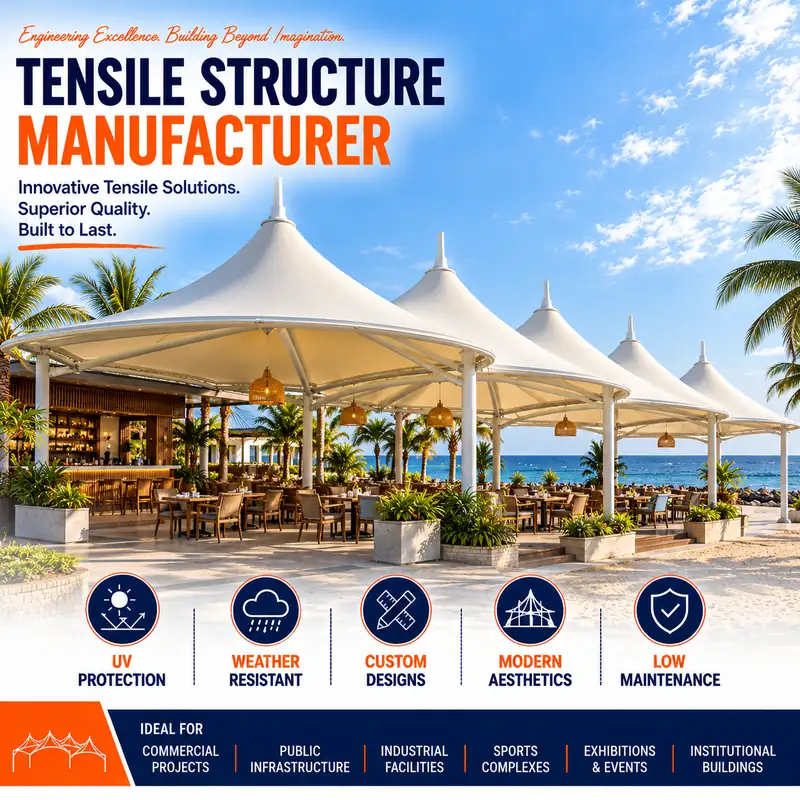 Tensile structure manufacturing illustration with conical fabric canopies and roofing applications